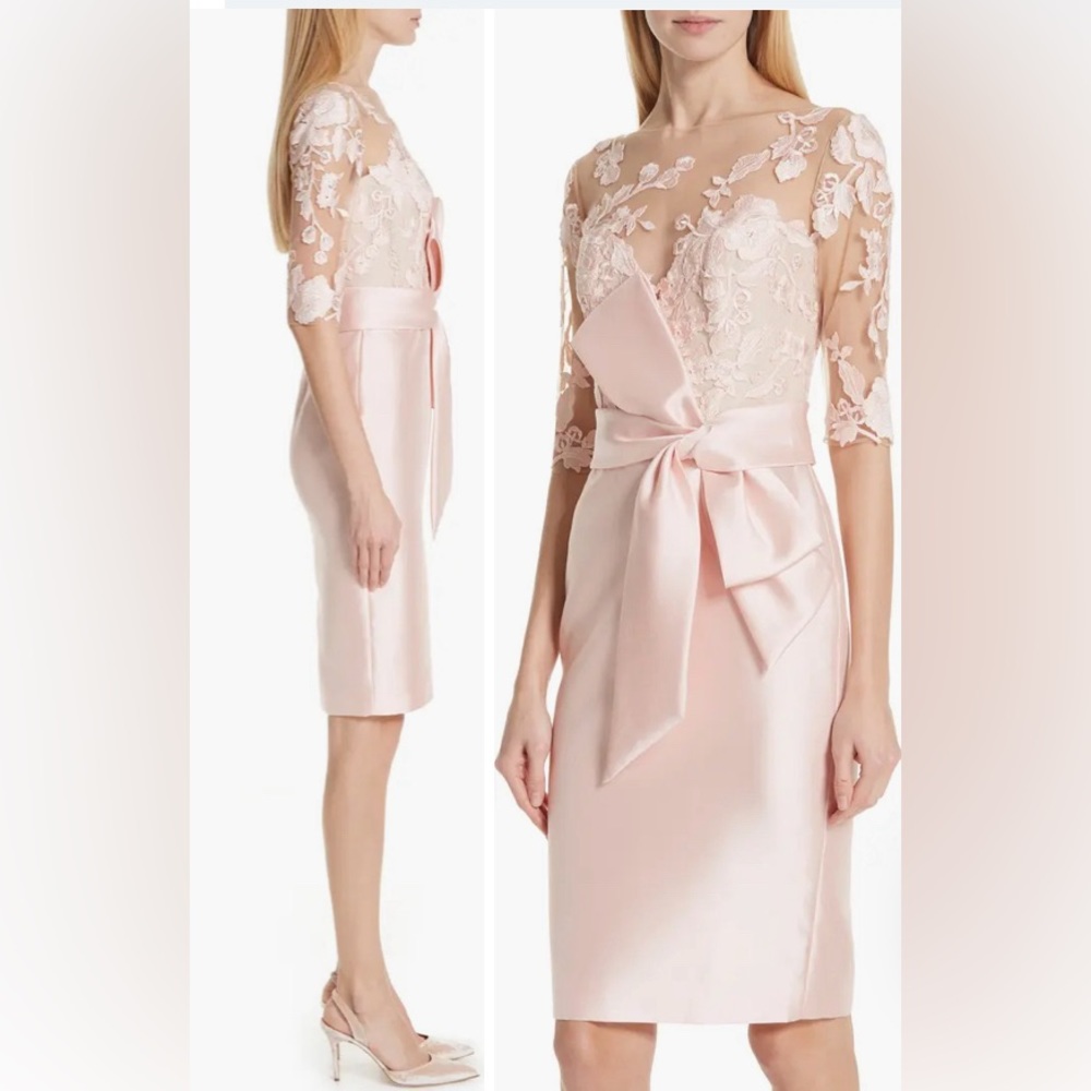 Badgley Mischka Lace Accent Bow  Bodice Sheath Cocktail Dress Blush